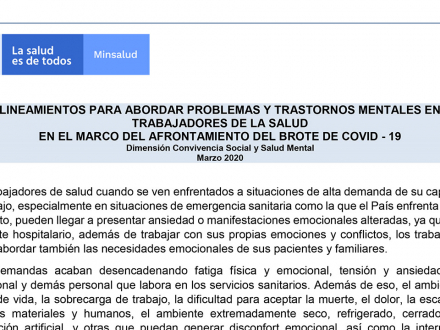 Lineamientos para abordar problemas y trastornos mentales en trabajadores de la salud en el marco del afrontamiento del brote de covid-19