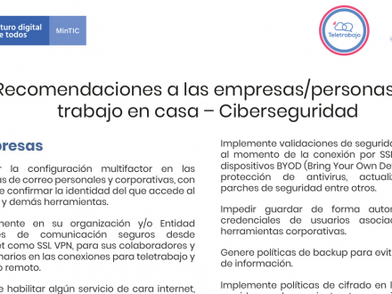 Recomendaciones a las empresas/personas en trabajo en casa - Ciberseguridad