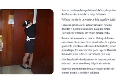 Recomendaciones para prevenir caídas, resbalones, tropiezos, golpes y caídas en actividades de aseo y limpieza de hospitales y hoteles, en espacios reducidos